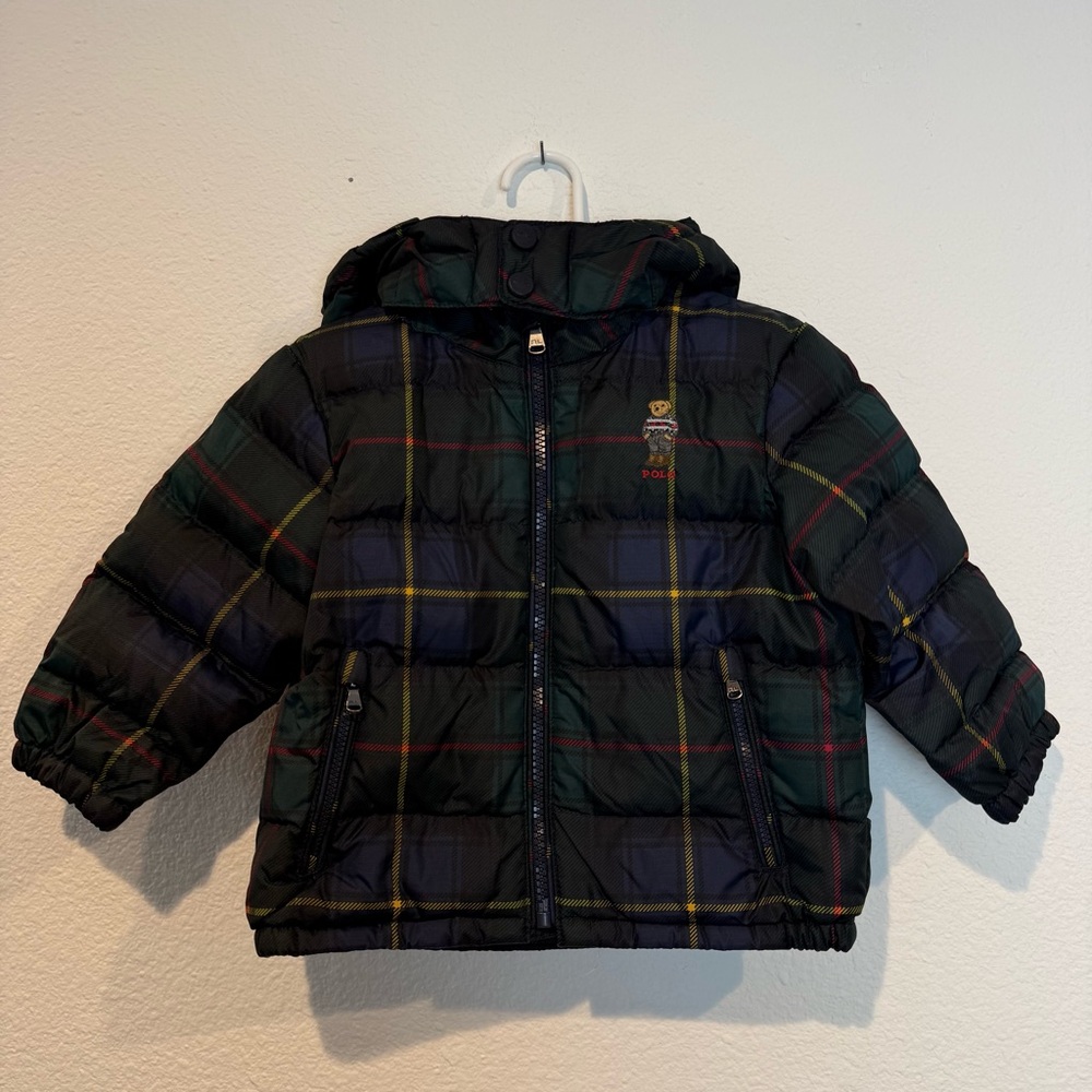Polo Ralph Lauren Holiday Bear Hooded Plaid Water Repellent Down Jacket Sz 18m